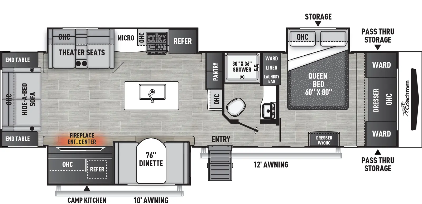 The 324RLDSLE has three slideouts and one entry. Exterior features front pass-thru storage, 10 foot and 12 foot awnings, and a camp kitchen. Interior layout front to back: dresser, overhead cabinet and wardrobes on each side, off-door side queen bed slideout with overhead cabinet, door side dresser with overhead cabinet, and off-door side wardrobe/linen closet with laundry bag; off-door side full bathroom; pantry, counter and overhead cabinet along inner wall; door side entry, and slideout with dinette, and entertainment center with fireplace; kitchen island with sink; off-door side slideout with refrigerator, cooktop, overhead cabinet, microwave, and theater seats with overhead cabinet; rear hide-a-bed sofa with end tables on each side and overhead cabinet.